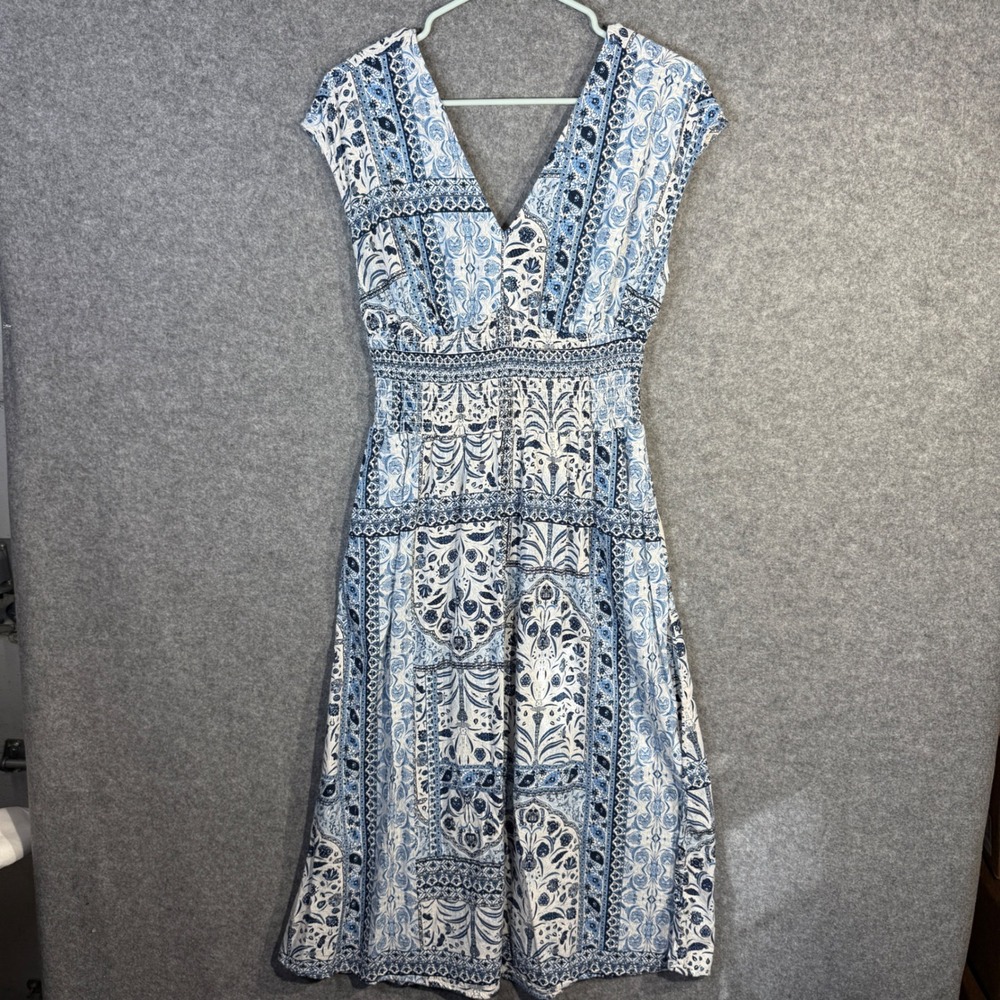 Old Navy Women's Blue White Paisley Smocked Waist V Neck Cap Sleeve Dress XS